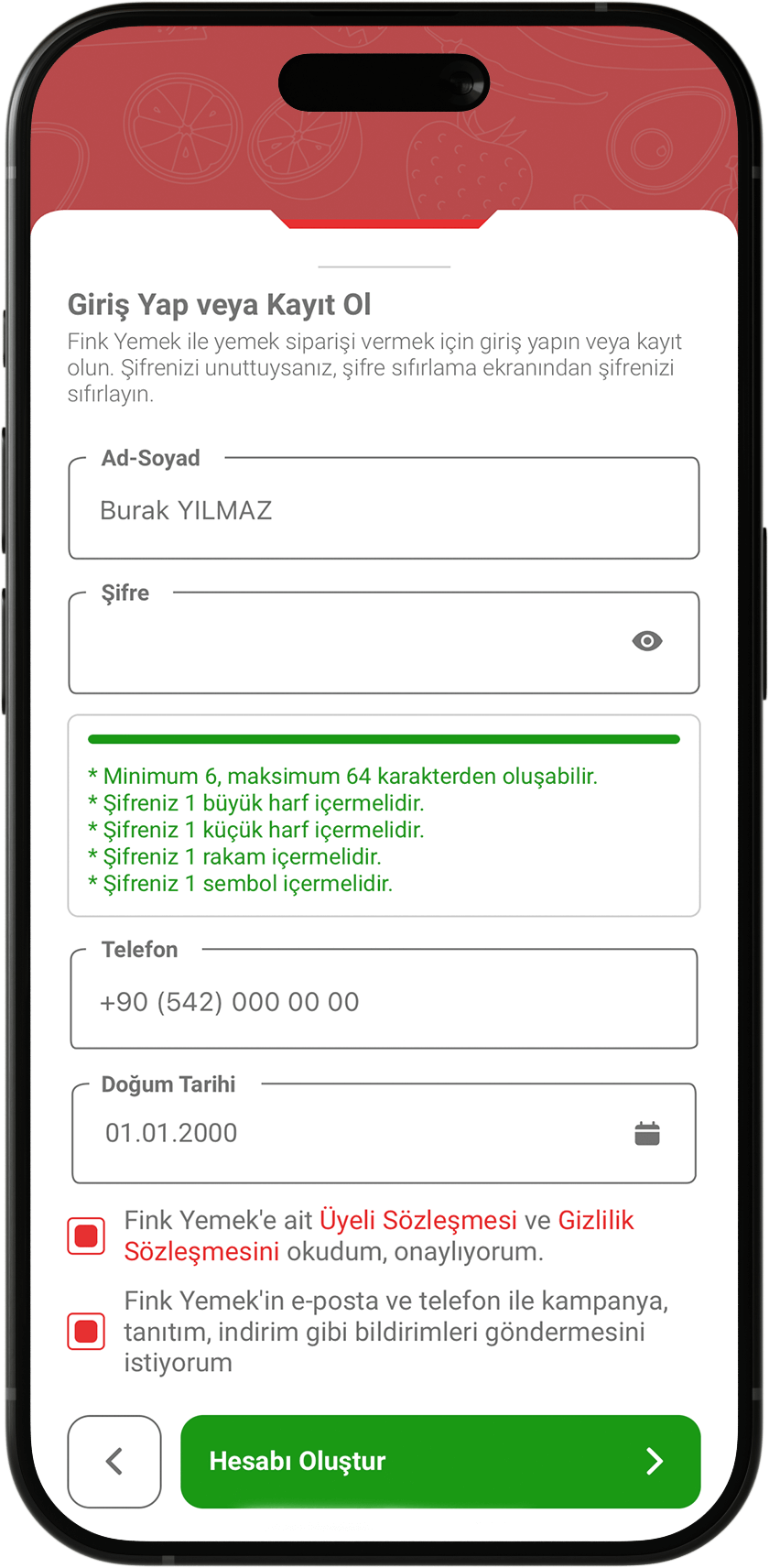 Fink Yemek Kayıt Ol